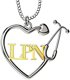 Caring Hands GiftsSilver 18k Sterling Silver & Gold Plated Alloy LPN Licensed Practical Nurse Heart Stethoscope Necklace