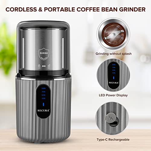 Secura Cordless Coffee Grinder Electric, Spice Grinder Electric, USB
