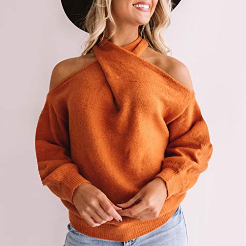 Aunimeify Fashion Women's Solid Halterneck Off Shoulder Long Sleeves Sweater Blouse Tops Orange