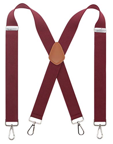 Bioterti Men's Heavy Duty X- Back 1.4 Inch Suspenders with 4 Snap Hooks (Burgundy) - Thumbnail 4
