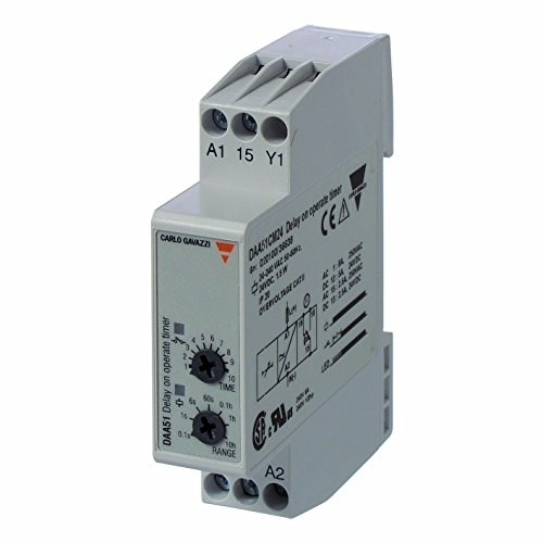 CARLO GAVAZZI DAA51CM24 Mini Delay On Operate Timer, Slim 17.5mm Width, Adjustable Timer Setting, 0.1 Seconds to 100 Hours with Six Sub-Ranges, 12-240 VAC/DC, SPDT 5 amp Contact Output, Diagnostic LEDs, 2.5 oz. Size, 24 mm Height x 99 mm Width x 73 mm Diameter