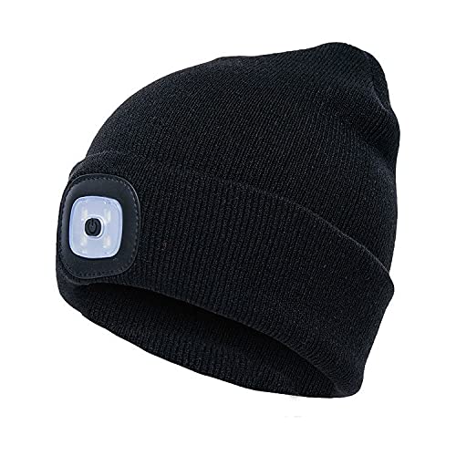 PLEASURE&PLAY Beanie hat with Light Winter Warm Bright Light up USB Rechargeable Waterproof for Outdoor Activities Hiking Night Fishing Football Running Dog Walking car Repairs Looking Outside Black