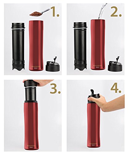 KOHIPRESS The Original Portable French Press Coffee Maker | Vacuum Insulated Travel Mug | Premium Stainless Steel | Hot and Cold Brew (12 oz) | Great for Commuter, Camping, Outdoors and Office (Red)