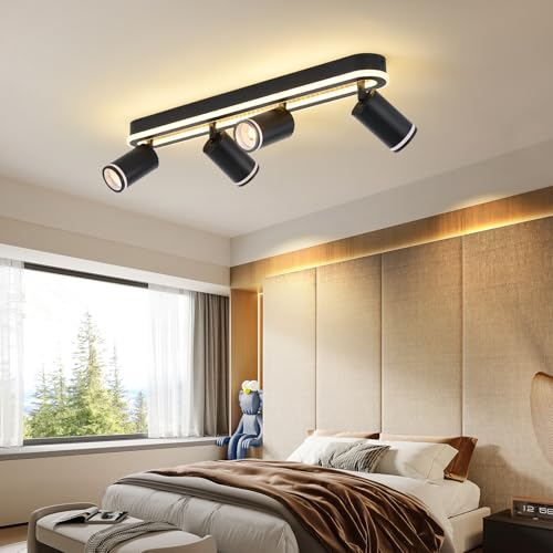 MYCUL Tech 4 Flames 350° Swivel, Ceiling Spotlight with Lower Glow 36W+4x5W Spotlights GU10,3000K Warm White Indoor LED Spotlights, Modern Ceiling Lamp, Spotlight for Kitchen, Living Room Black