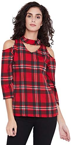 Stylesland Women's Red & Black Checkered Choker Neck Top