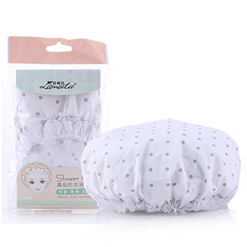 Lameila Brand Shower Cap for Girls Teens Women with Elastic Band and EVA material , PVC-free , Chlorine-free , Mold Resistant , Waterproof , Washable , Reusable , White Purple Dot - Thumbnail 5