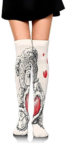 Hizhogqul Detailed Teddy Bear Drawing With Heart Instead Of A Belly Mini Floating Hearts Women's Fashion Over The Knee High Socks (60cm)