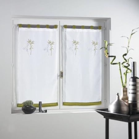 Pair Of Embroidered Net Curtains Green Bamboo 2 X 60 X 90 Cm