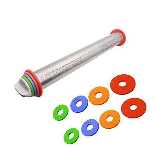 Adjustable Rolling Pins, Smooth Non Stick Stainless Steel Dough Roller with Thickness Rings for Bakery Cookie,Pizza, Pie, Dumping, Fondant Dough and more