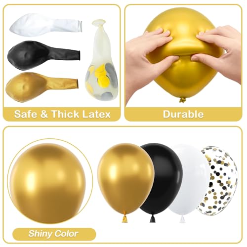 Black and Gold Balloon Arch Garland Kit, 124pcs Including Black, White, Gold, and Black Confetti Balloons, Ideal for New Year’s Eve Party, Graduation, Birthday, Wedding, Baby Shower Decorations