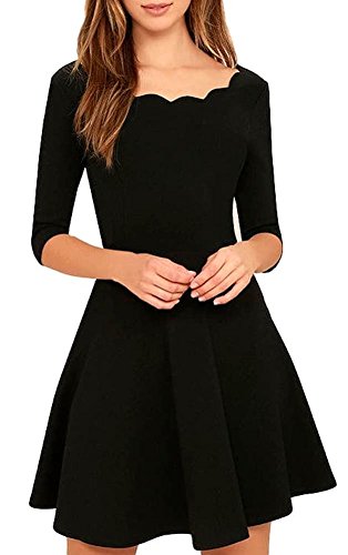 Womens Cute Scallops Neckline Thick Soft Half Sleeves Stretch Little Black Dresses(Black,US S)