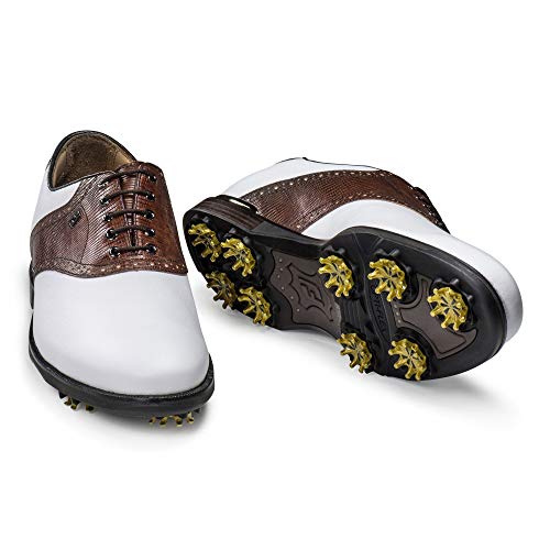 FootJoy Men's ICON Black Golf Shoes, White/Chestnut Lizard Print, 7 XW