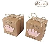 AerWo 50pcs Little Princess Baby Shower Favor Boxes + 50pcs Twine Bow, Rustic Kraft Paper Candy Bag Gift Box for Baby Shower Party Supplies Cute 1st Birthday Girl Decoration, Pink