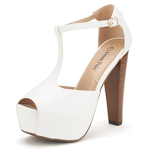 DREAM PAIRS JESSICA-P Women's Evening High Heels Peep Toe Ankle T-Strap Platform Casual Pumps Sandals WHITE PU-SZ-5.5