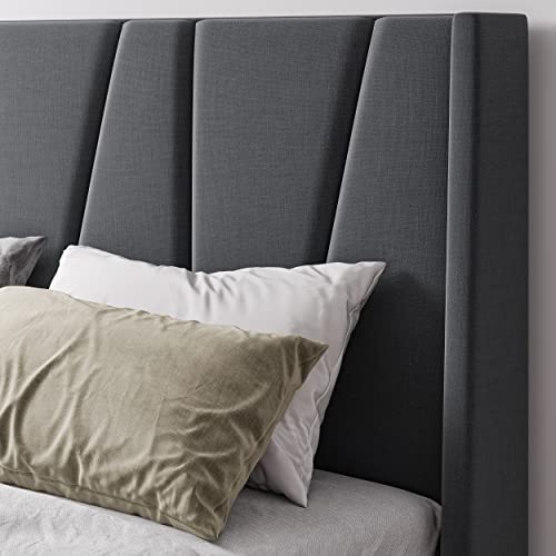 HOOMIC King Size Platform Bed Frame with Geometric Wingback Headboard