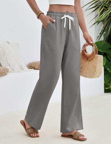 heekpek Women's Summer Wide Flowy Trousers Elastic Waist Comfortable Lightweight Straight Trousers with 4 Pockets