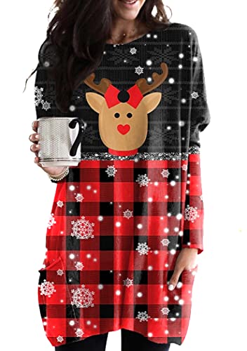 OMZIN Damen Weihnachts-Sweatshirt O-Neck Pullover Tops Lustige Grafik Langarm T-Shirts Weihnachts-Feiertags-Bluse mit Taschen, XL