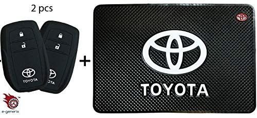 Combo of 2 X Black Silicone Key Covers for Push Button Smart Key Only and 1 X Silicone Car Dashboard Anti-Slip and Non-Sticky Mat for Mobile Phones(Toyota Design) by