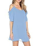 Women's Trumpet Sleeve Cold Shoulder Loose Casual Mini Chiffon Dress Light Blue Medium
