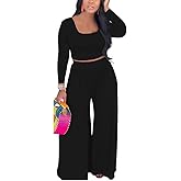 2 Piece Outfits for Women Sexy Backless Long Sleeve Crop Top High Waist Wide Leg Long Pant Sets Tracksuit Printed Set