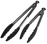 Premium Silicone Kitchen Tongs With Silicone Tips 2 Pack (9-Inch & 12-Inch),Stainless Steel Barbecue Tongs (Black)