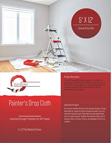 Large No Bleed Through Canvas Cotton Drop Cloth Poly Backed 5 x 12 for All Purpose Painters
