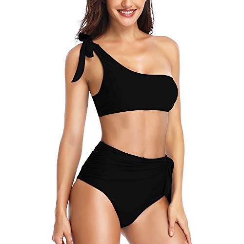 Advoult High Waist Bikini Sets for Women Two Piece Fashion Swimsuit One Shoulder Bathing Suits Swimwear Black