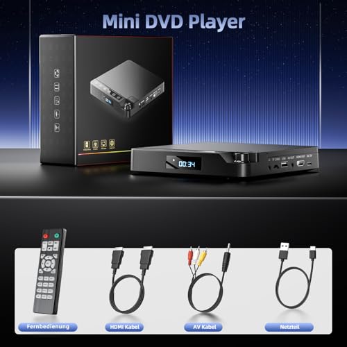 Desobry DVD Player for TV 1080P, DVD Player HDMI/AV/USB/TF Card, CD Player Breakpoint Memory, Coverage for All Regions, Comes with Cable and Remote Control