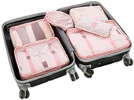 Packing Organizers - Clothing Cubes Shoe Bags Laundry Pouches for Travel Suitcase Luggage, Storage Organizer 6 Set Color Pink Stripe