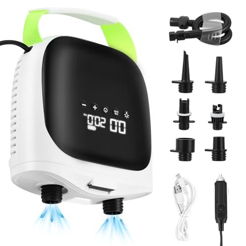 Inflador Electrico Paddle Surf,Bomba Eléctrica SUP 20PSI Doble Etapa Inteligente & Apagado Automático, 4000mAh & Luz LED, 6 Boquillas, Portátil Sin Cable para Kayak, Tienda, Colchón Hinchable, Piscina