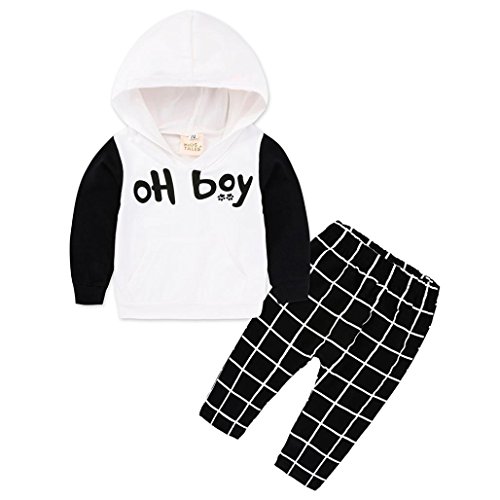 oh boy, LUNIWEI 2Pcs Newborn Infant Baby Boy Letter Hooded Tops+Plaid Pants Clothes Set Outfits (6-12 month, White)