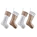 Lalent 4 Pack Christmas Stockings, 18 inches Large Thick White Quilted or Jute Burlap Luxury Stockings Gifts for Family Holiday Xmas Party Decoration Mantel Ornament (White/Jute)