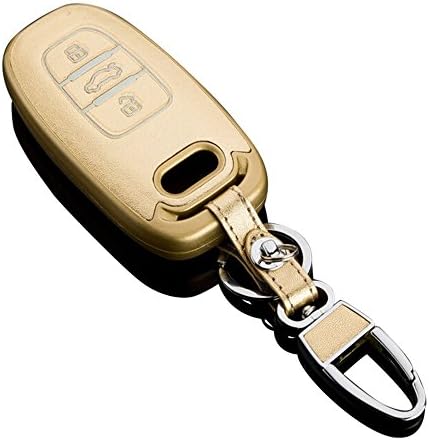 Leather Key Cover Remote Case for 2009-2012 Audi Q5 Q7 SmartKeyless Entry Remote Card 3 Button Golden