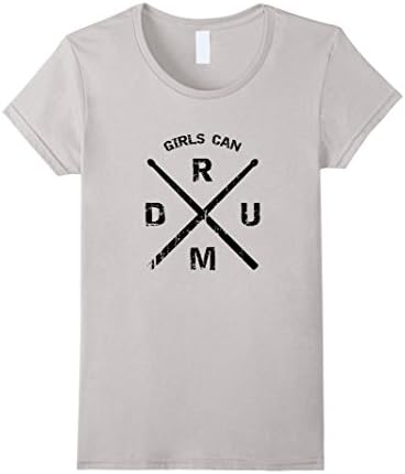 Women's Girls Can Drum Drummer T-Shirt - Trendy Crossed Drum Sticks Small Silver