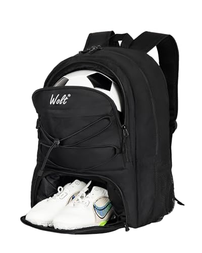 WOLT Fußball-Rucksack, Sporttasche mit separatem Ballhalter und Schuhfach, ideal für Fußball, Basketball, Volleyball, Schwimmen, Fitnessstudio, Reises