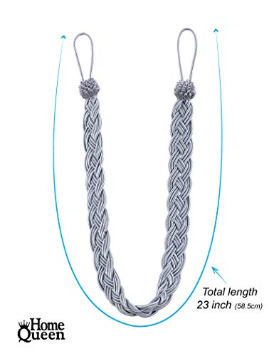Home Queen Hand Braided Curtain Tie Back, Buckle Holdback Drapery Curtain Tiebacks, 2 Rope Belt Curtain Tie with 2 Metal Hooks, Grey