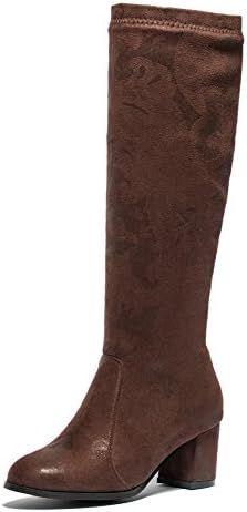 DOTACOKO Womens Round Toe Wide Calf Knee High Riding Boots Chunky Heels Faux Suede Boots