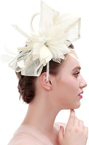 Firyin Cocktail Feather Sinamay Fascinator Headband for women (Ivory)