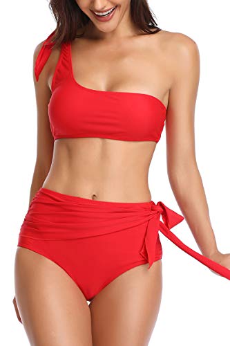 Almaree Woman's One Shoulder Tie Front Two Piece Bathing Suit Crop Top Swimsuit Red L - Thumbnail 3
