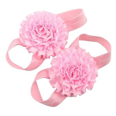 Bellazaara Baby Boys and Baby Girls Barefoot Pink Ruffled Satin Flower First Walkers
