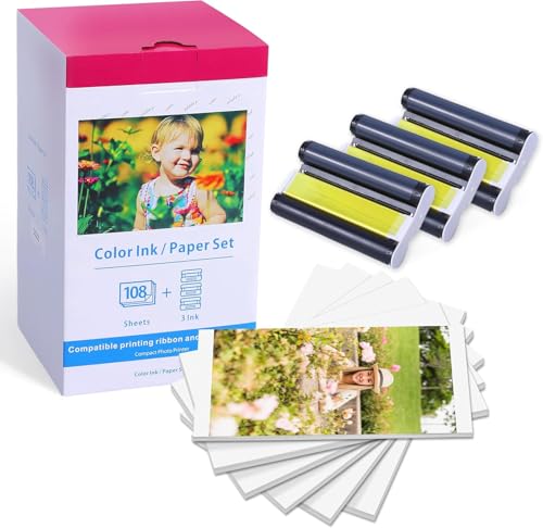 Compatible with Canon Selphy CP1300 Photo Paper, KP-108IN 3115B001(AA) | Compatible with Canon Selphy CP1500 CP1200 CP1000 CP910, 3 Printer Cartridges and 108 Paper Sheets (100 x 148 mm)