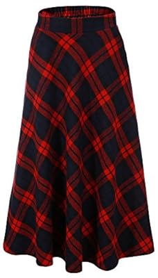 Vocni Women A-Line Casual Wool Blend Plaid Midi Dress Flared Skirt