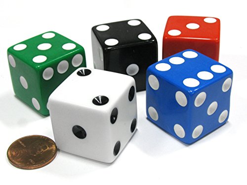 Set of 5 Jumbo Large Six Sided Square Opaque 25mm D6 Dice - 5 Assorted Colors