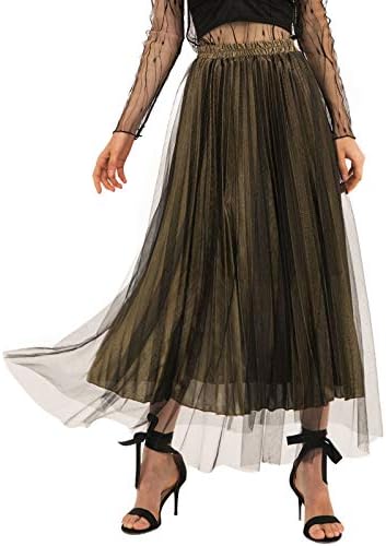 AMORMIO 💕 Women's Glittery Gold/Silver High-Waist Metallic Accordion Pleated Formal Party Maxi Skirt