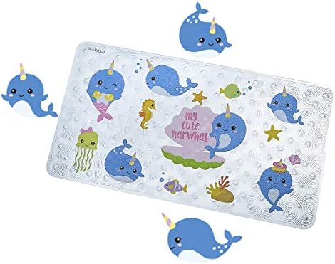 WARRAH Baby Bath Mat,Safety Tub Mats Shower for Kids,Children,Toddlers,Square Size 27.5" L x 15.7" W,No Slip,No Phthalates,Machine Washable (Narwhals FHD-04)