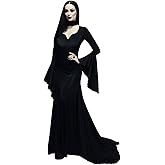 UQJE Women's Morticia Addams Dress Costumes Gothic Maxi Dress Halloween Cosplay Vintage Black Long Dress