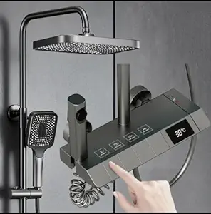 B Backline Brass Shower Set digital display 4 function shower set | Thermostatic Shower Mixer Hot & Cold Shower system | Hand shower | overhead Shower | Jet Spray, Showers For Bathroom (Grey Matt)