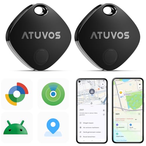 ATUVOS Air Tag Pro Smart Tags Tracker for Android & iOS, New Dual System Key Finder Compatible with Google Find My Device or Apple Where? App, Smarttag Keyfinder for Luggage, Suitcase, Pack of 2