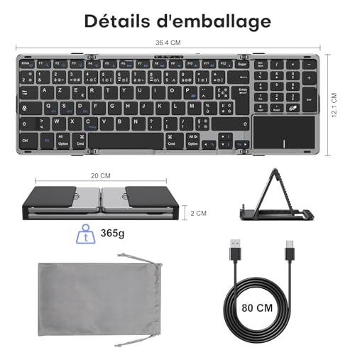 OMOTON Clavier sans Fil Pliable avec Pavé Tactile et Pavé Numérique, Clavier Bluetooth AZERTY Rechargeable, Multi-appareils, Portable Keyboard pour PC Tablette iPad Windows Mac Android
