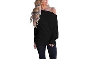 BONITEE Womens Long Sleeve Shirt Sexy Off The Shoulder Tops Casual Loose Oversized Tshirt Trendy Batwing Sleeve Clothes